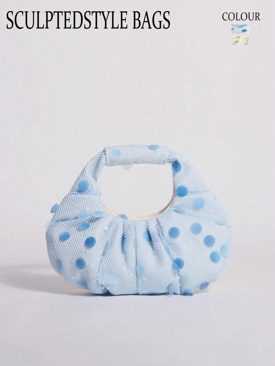 SCULPTEDSTYLE BAGS 1件天空藍美人魚亮片雲朵手提包,奶油白亞麻底布拼接時尚波點網格百褶設計女款托特包,百褶包適合海灘度假使用,可搭配魚網肩帶洋裝休閒度假穿搭(花紋隨機發貨) - 淺藍色 - 查看 1