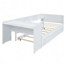 Flat Bed 90 X 200 Cm With Pull-Out Bed, Integrated Desk And Three Side Shelves, Pink. - 白色 - 查看 9
