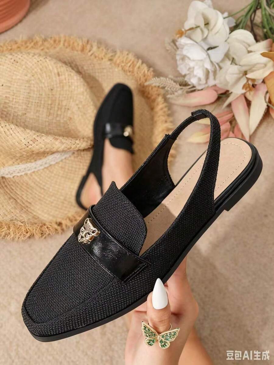 2025 Autumn Women's Black Shoes With Metal Tiger Head Buckle, Square Toe, Flat Heel, Exposed Heel And Back Strap