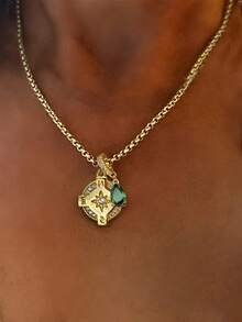 2件組 金色綠色鑽石與指南針鑽石吊墜項鍊套組，獨特奢華風格鏈條，不鏽鋼材質，女款裝飾 - 彩色 - 查看 7