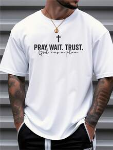 Camiseta de manga corta ligera transpirable hombre S-3XL blanca Playera estampado letras slogan cruz cristiana Pray Wait Trust, ropa religiosa cristiana para hombre - Blanco - Ver 1