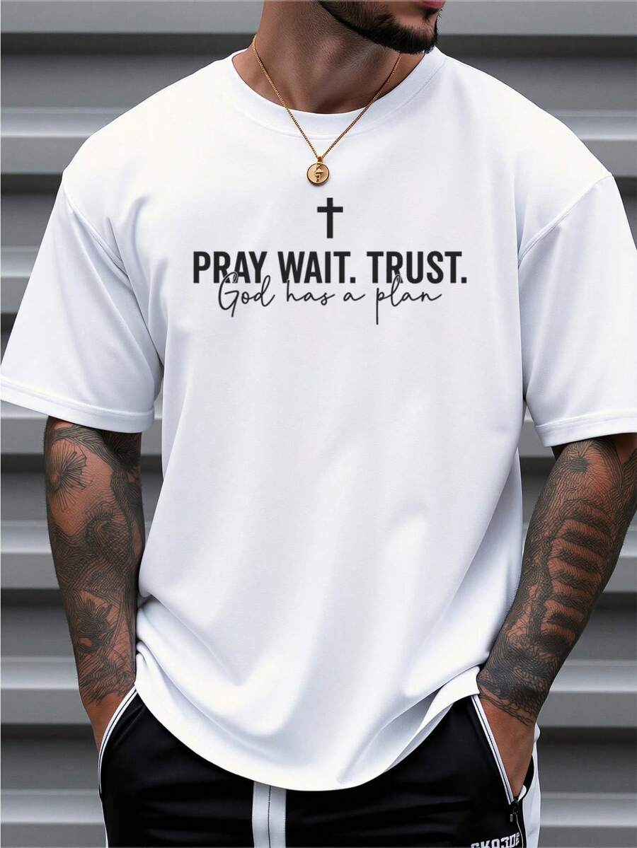 Camiseta de manga corta ligera transpirable hombre S-3XL blanca Playera estampado letras slogan cruz cristiana Pray Wait Trust, ropa religiosa cristiana para hombre - Blanco - Ver 1