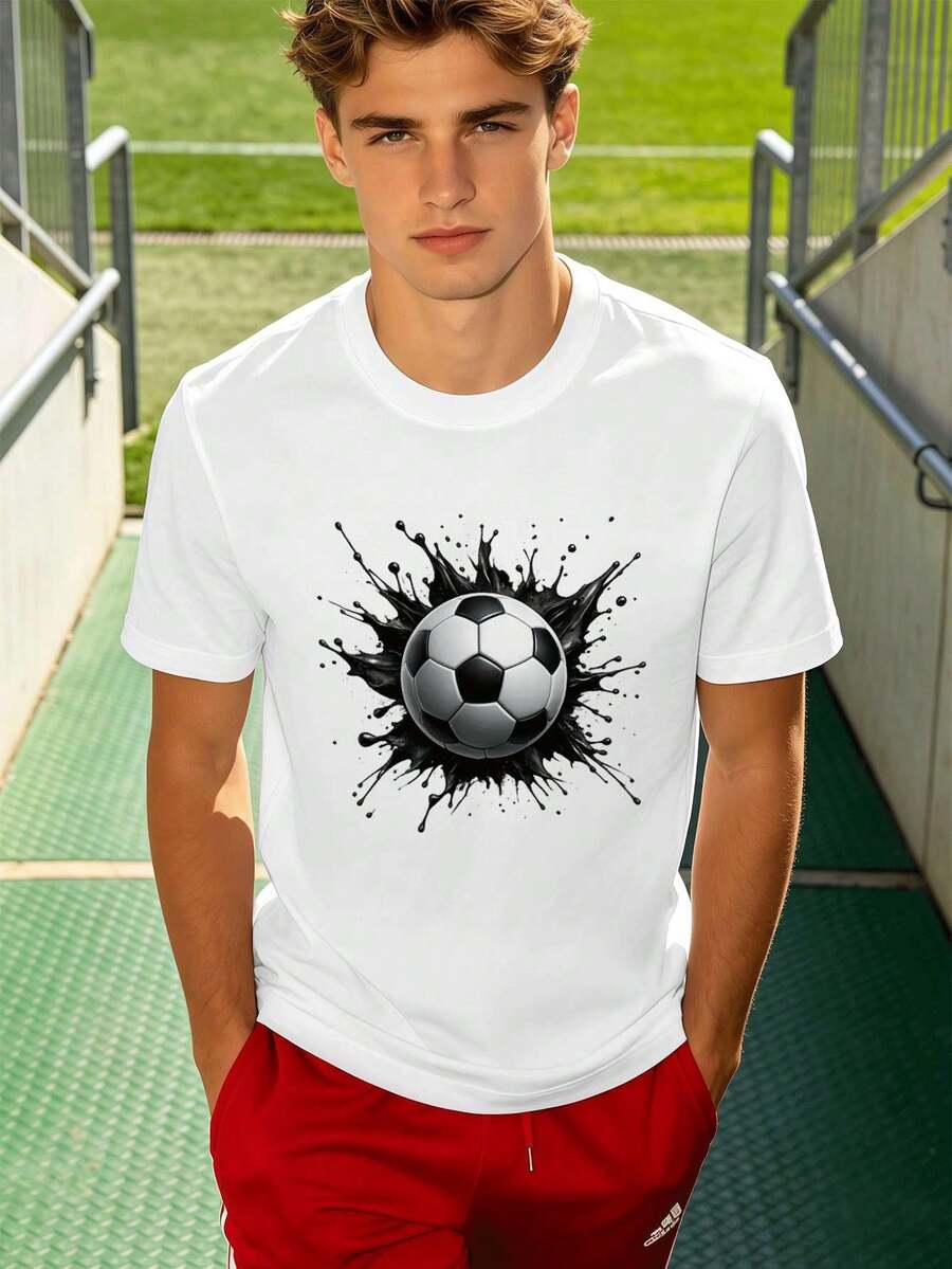 Men's Football Shirt With Splash Print, Spring, Premium Cotton, Graphic Design, Urban Hip-Hop Style, Breathable. - White - View 1
