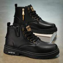 Men's Vintage Brown Side Zipper Snow Boots, High-Top Work Boots, Non-Slip PU Leather Ankle Boots, Suitable For Outdoor Daily Wear - Black - View 4