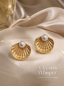 1 Pair Bohemian Ocean Vacation French Luxury 18K Gold Plated Seashell Pearl Stud Earrings, 316 Stainless Steel Hypoallergenic Earrings For Women, Back To School, Daily Commute, Workplace, Campus, Date, Party, Best Friend Gathering, Spring Outing, Vacation, Music Festival, Wedding, Holiday, Versatile - White - View 1