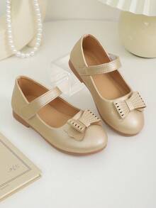 Zapatos de fiesta y cumpleaños para niñas con lazo dorado brillante y suela blanda - Dorado - Ver 5