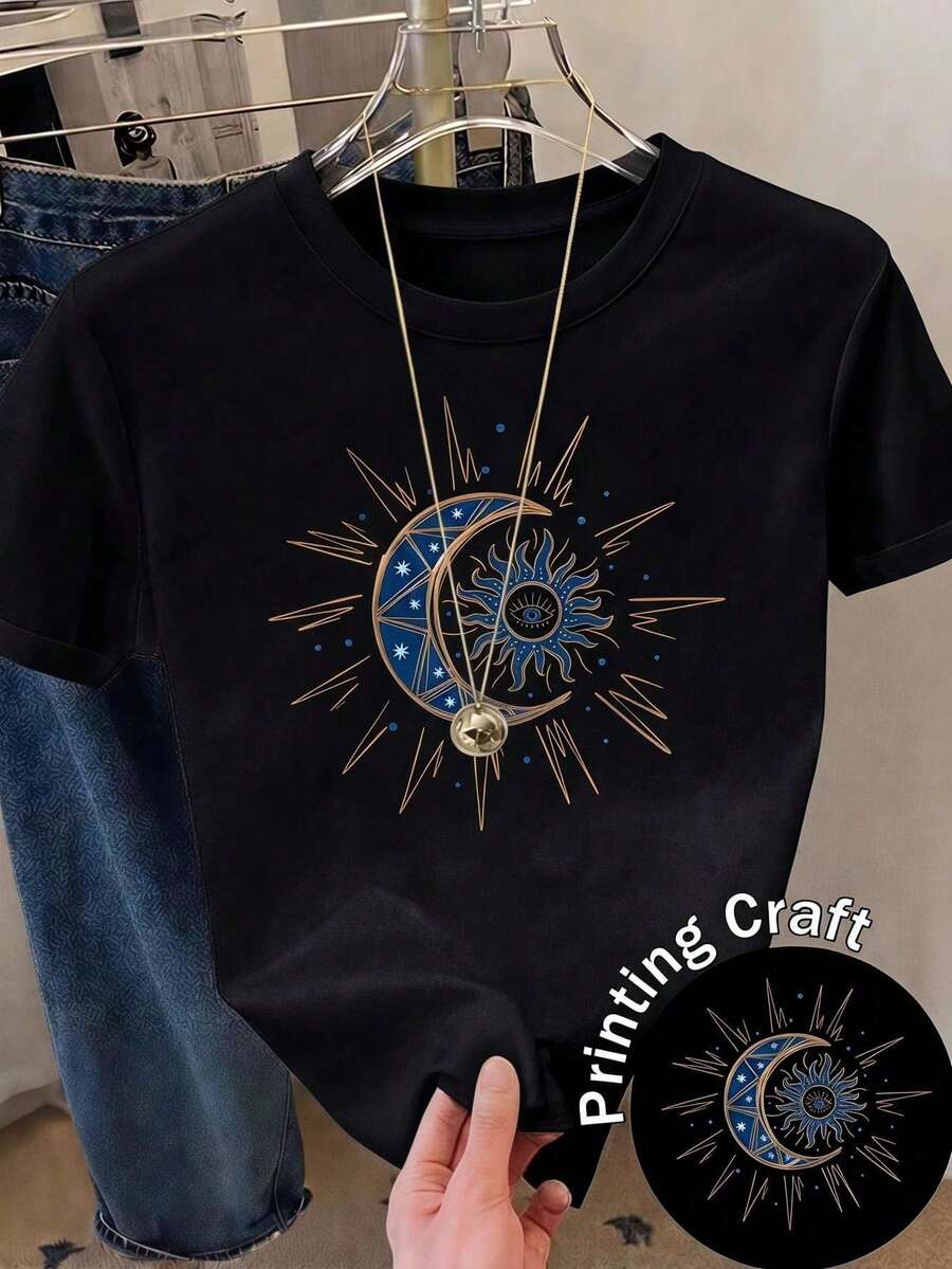 Camiseta informal de mujer de manga corta y cuello redondo de poliéster con estampado de planetas y lunas, ideal para uso diario. - Rojo y negro - Ver 1