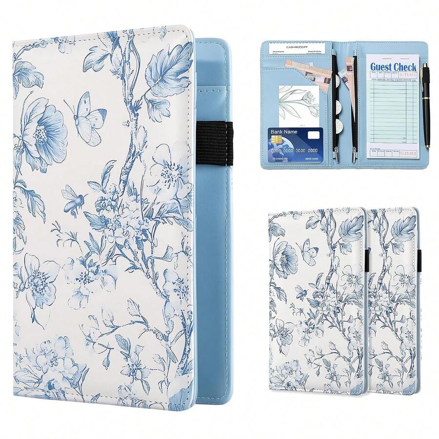 2pcs Durable Server Book For Waiters Waitresses With Money Pockets Pen Holder Clear Card Slots Perfect Restaurant Server Organizer For Aprons - Blue - View 1