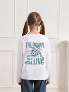 Teen Girl Casual Fun Print Crew Neck Pullover Long Sleeve T-Shirt, Autumn/Winter Top - White - View 6