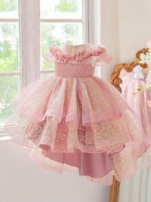 Young Girls Sequin Mesh Puff Princess Dress Elegant Party Train Gown Suitable For Banquet Stage, Headband Not Included - Dusty Pink - View 1