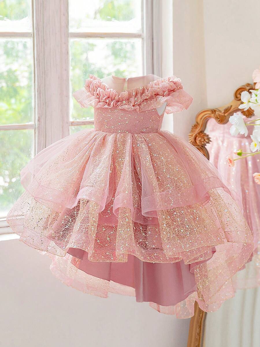 Young Girls Sequin Mesh Puff Princess Dress Elegant Party Train Gown Suitable For Banquet Stage, Headband Not Included - Dusty Pink - View 1