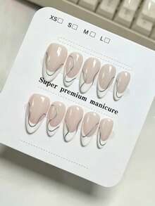 10pcs Pure Handmade Almond Press On Nails, Minimalist Elegant Style, White French Design, Asymmetric Silver Curve Line Patterns For Women And Girls, Spring Summer Fall Winter Festivals Party And Daily Life Use - White - View 2