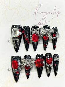 10pcs Baroque Style Dark Gothic Shiny Red Rhinestone Metal Bowknot False Nails, Removable And Reusable Nail Art Supplies (1pc Jelly Sticker + 1pc Nail File) Handmade Press On Nails - 黑色 - 查看 4