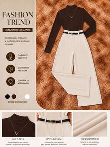 Elegant Women's Winter 2-Piece Set With High-Neck Long-Sleeve Bodysuit And Tailored Trousers + Belt - Winter Fashion - B 棕色米色褲子 - 查看 5