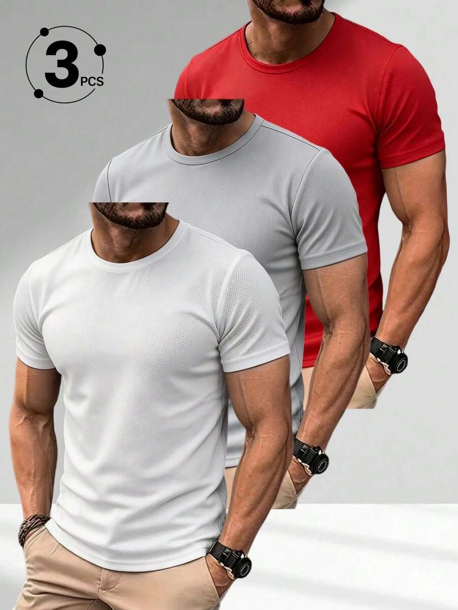 3-Pack Men's Quick-Drying Summer Sports T-Shirts - Multicolor Crew Neck Short Sleeve Breathable And Versatile Tops For Fitness & Running - 多色 6 - 查看 1