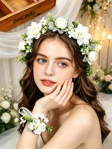 1套 1件花冠 + 1件手鍊 森系人造花葉新娘婚禮季節波希米亞風美學花冠手鍊套組 - 花環+ 1個手環 - 查看 4