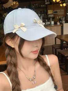 1件甜美女孩淺藍色軟頂棒球帽，附兩朵緞面蝴蝶結裝飾，防風防曬，適合旅行、購物與校園穿搭 - 多色 - 查看 2