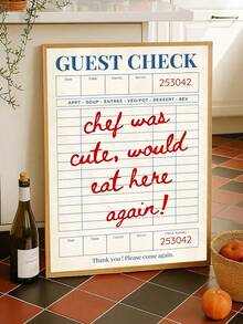 1pc"Chef Was Cute Would Eat Here Again"Wall Art Print Kitchen Canvas Poster, Minimal Kitchen Poster, Chef Wall Art Print, Restaurant Art, Guest Check Funny Espresso Martini, Preppy Poster Apartment Bar Cart Decor,Wall ArtFramed/Unframe - 1pc - View 1