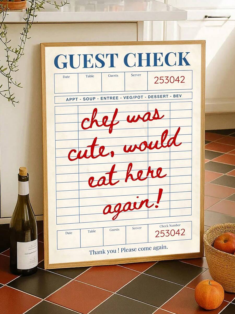 1pc"Chef Was Cute Would Eat Here Again"Wall Art Print Kitchen Canvas Poster, Minimal Kitchen Poster, Chef Wall Art Print, Restaurant Art, Guest Check Funny Espresso Martini, Preppy Poster Apartment Bar Cart Decor,Wall ArtFramed/Unframe - 1pc - View 1