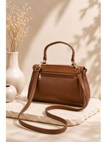 Women's Stylish Solid Color Handbag, Flap Closure With Lock, Versatile For Shoulder, Crossbody Wear, Large Capacity, Sophisticated Look For Commuting - Brown - View 5
