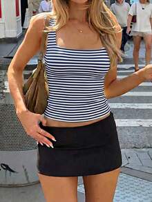 Women's Solid Color Square Neck Fitted Casual Camisole, Minimalist Retro Solid Color Vest, Summer Fashion Backless Knit Camisole, Casual Versatile, Suitable For Work Commute - Blue and White Stripes - View 9