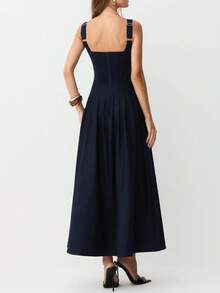 Vestidos elegantes para fiesta casuales para mujer tirantes espalda descubierta color sólido cintura ajustada elegante nuevo moda - Azul - Ver 3