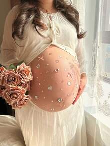 3D甜美風水鑽蝴蝶結孕婦肚貼，孕期拍照道具，亮片身體貼紙，適用準媽媽、寶寶迎新派對與性別揭曉派對，1組 - 多款式多色 - 查看 9