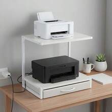 2-Tier Desktop Printer Stand With Fabric Drawer & Open Shelf, Multi-Functional Printer Table For 3D Printers/Fax/Scanner, Compact 17.3x11.8 Inch Home Office Organizer - White - View 6