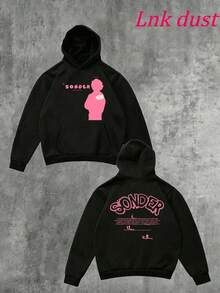 Y2K  Brent Faiyazzz Pink Sonder Rap Print,250g Polyester Men's And Women's Clothing Casual And Cozy Hoodies,  Long Sleeve Hooded Versatile Sweatshirt - 黑色 - 查看 1