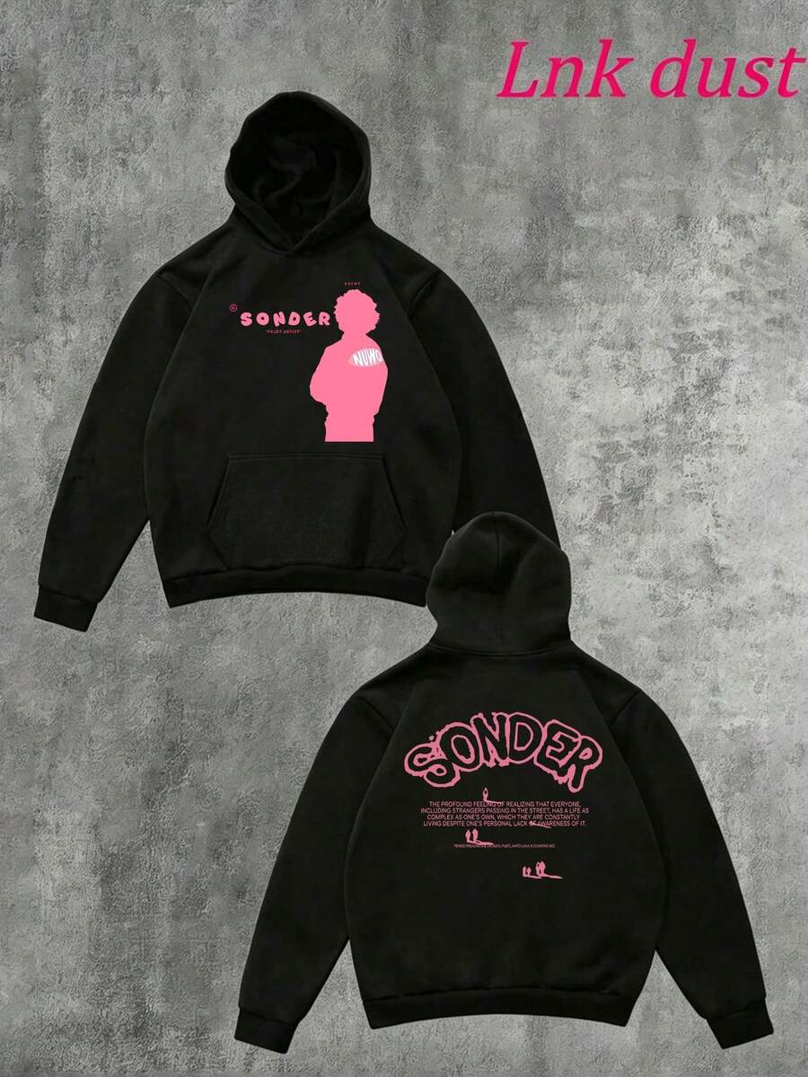 Y2K Brent Faiyazzz Pink Sonder Rap Print,250g Polyester Men's And Women's Clothing Casual And Cozy Hoodies, Long Sleeve Hooded Versatile Sweatshirt - 黑色 - 查看 1
