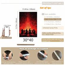 1pc Framed Canvas Wall Art, Vintage Red Fire Witch Gathering, Four Witches Holding Hands In Dark Forest, Gothic Dark Academia Eerie Halloween Witch Atmosphere Wall Decor - Campfire Witch - View 20