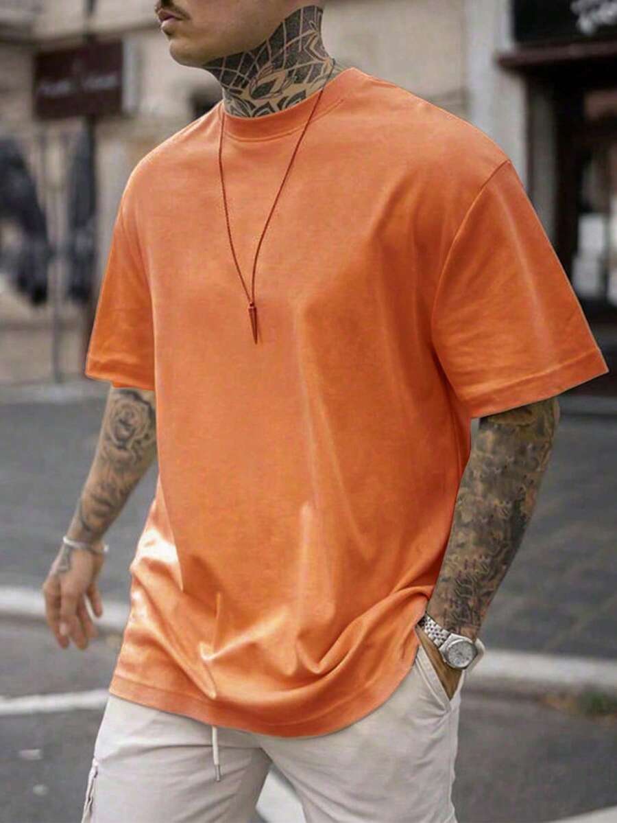 Men's Solid Color Low Elasticity Simple Lightweight Loose Fit Short Sleeve T-Shirt, Versatile For Summer - Orange - View 1