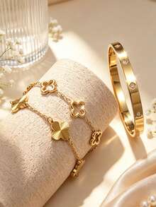 Juego de 3 piezas de joyería de acero inoxidable de estilo elegante para mujer con trébol de vidrio en forma de lágrima incrustado, adecuado para uso formal, ir al trabajo, regalos de cumpleaños y aniversario para esposa/madre - Amarillo Oro - Ver 7