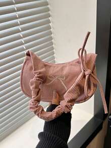 蝴蝶結刺繡抓皺女款包 2026新款日系百搭腋下肩背包 燈芯絨斜挎包 - 粉色 - 查看 7