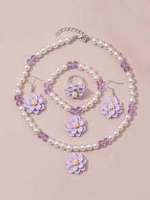 5pcs/Set Girls Elegant Floral Pendant Pearl Necklace, Bracelet, Earrings, Ring Jewelry Set, Suitable For Daily Wear And Holiday Gifts - one-size - View 6