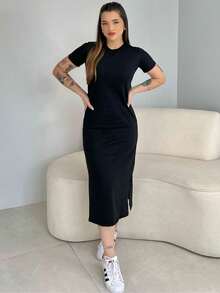 Women's Basic Plain Casual Premium Cotton Midi Blogger Dress - Black - View 3