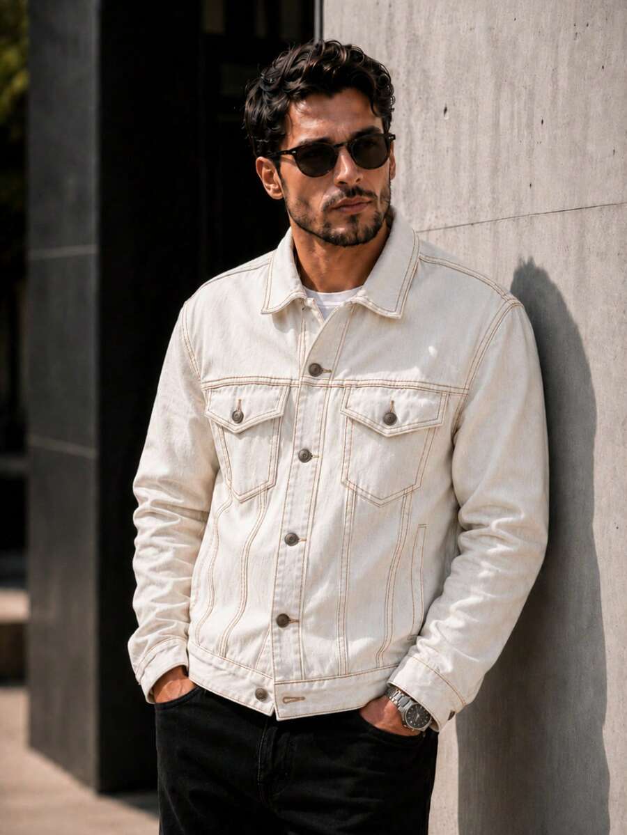 Men's Twill Jacket - 米白色 - 查看 1