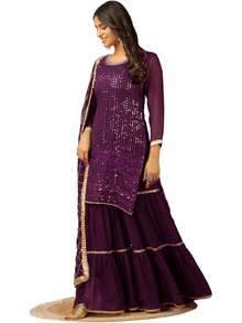 Beautiful Chinnon Punjabi Style Sharara Suit Women Ready To Wear Salwar Kameez With Dupatta - Multicolor - View 1