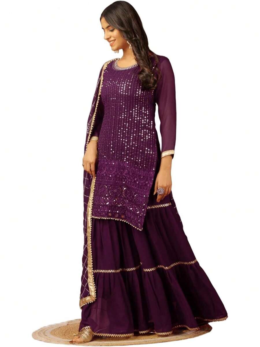 Beautiful Chinnon Punjabi Style Sharara Suit Women Ready To Wear Salwar Kameez With Dupatta - Multicolor - View 1