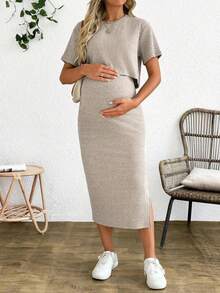 Set de 2 piezas con blusa de manga corta y falda de unicolor para maternidad, conjunto casual de verano - Blanco - Ver 4