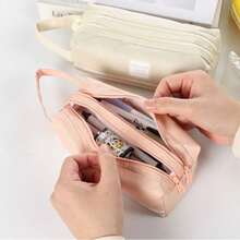 1pc Korean Version Of Simple Portable Stationery Bag Large Capacity Double-Pull Pencil Case Portable Zipper Double Oxford Cloth Pencil Case School Pencil Case Cute Pencil Case Cosmetic Bag. - A - View 3