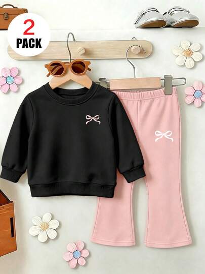 Baby Girl 2 Pieces Set, Ribbon Bow Pattern Crewneck Long Sleeve Sweatshirt And Flared Pants Set, Stylish And Cute, Suitable For Autumn And Winter Wear