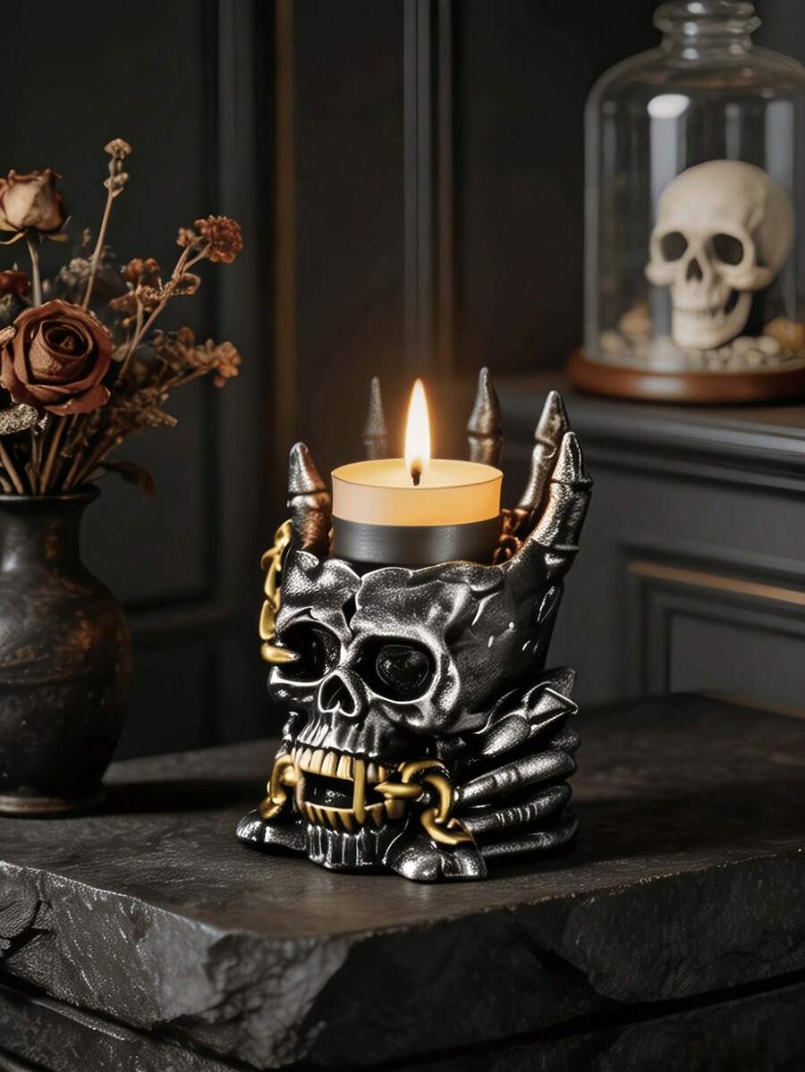 1 buah Tempat Lilin Tengkorak Gotik, Desain Rantai Tengkorak, Dekorasi Meja Kreatif, Lampu Lilin Aromaterapi, Dekorasi Rumah, Hadiah Halloween - A - View 1