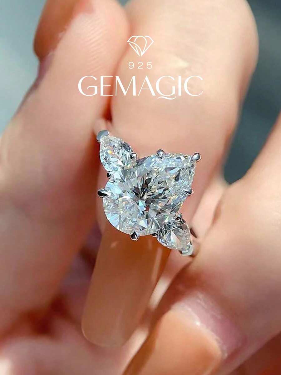 1枚925纯银4克拉梨形切割立方氧化锆女士水滴形结婚订婚派对戒指，精致珠宝礼品