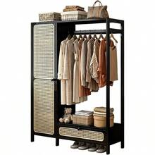 STAR BURN Bamboo Wardrobe, Bedroom Wardrobes, Freestanding Clothes Rack With Hanging Rail And Drawers, 4 Compartments, Magnetic Doors, Bamboo Hallway Wardrobe, 102*33*160 Cm (Black) - 多色 - 查看 9