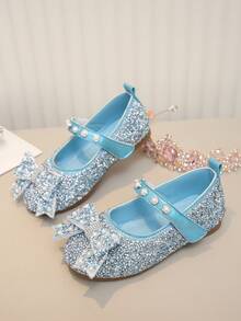 Girls' Pearl & Rhinestone Princess Shoes With Bow Decor, Soft Sole, Casual Versatile For Spring, Summer, Autumn - Blue - View 3