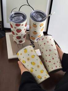 1 pieza Vaso aislado serie de frutas de 20oz/600ml, vaso de vacío de doble pared, taza de viaje con tapa, taza de café para acampada, botellaérmica (pajita no incluida) Botella de agua de vuelta al colegio - fresa - Ver 1