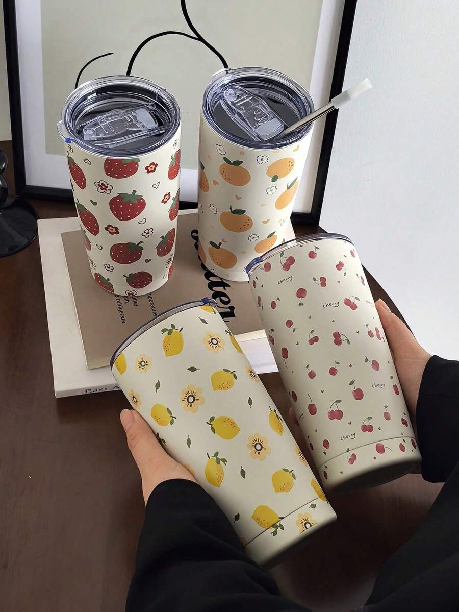 1 pieza Vaso aislado serie de frutas de 20oz/600ml, vaso de vacío de doble pared, taza de viaje con tapa, taza de café para acampada, botellaérmica (pajita no incluida) Botella de agua de vuelta al colegio - fresa - Ver 1