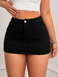 High-Waisted Fitted Mini Skirt With Multiple Cutouts, Frayed Edges, Functional Pockets And An Asymmetrical Hem, Available In Various Colors With Stretch - Black - View 2