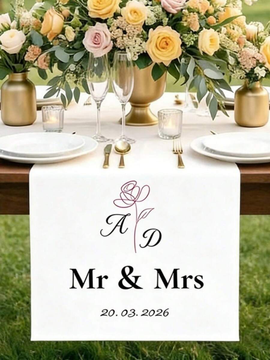 Customized Personalized Wedding Table Runner And Welcome Banner, Suitable For Weddings, Receptions, Ceremonies, Woven Fabric, Customizable Text, Rectangular Table Decor, Suitable For Outdoor Events, Name/Date/Phrase Decoration - Multicolor - View 1